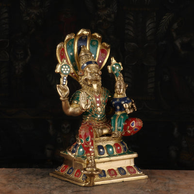 Brass Narsimha Lakshmi Idol Under Serpent Stone Work Religious Lucky Decor Statue 1 Feet