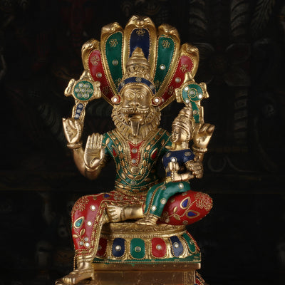 Brass Narsimha Lakshmi Idol Under Serpent Stone Work Religious Lucky Decor Statue 1 Feet