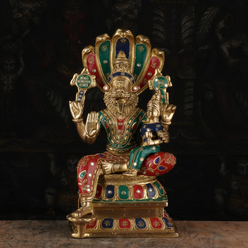 Brass Narsimha Lakshmi Idol Under Serpent Stone Work Religious Lucky Decor Statue 1 Feet