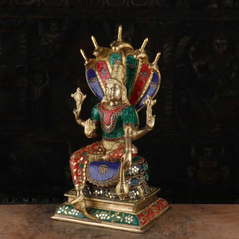 Brass Lord Vishnu Statue Sitting Under Serpent Stone Work Idol Religious Decor 17"