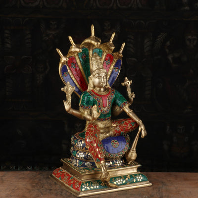 Brass Lord Vishnu Statue Sitting Under Serpent Stone Work Idol Religious Decor 17"