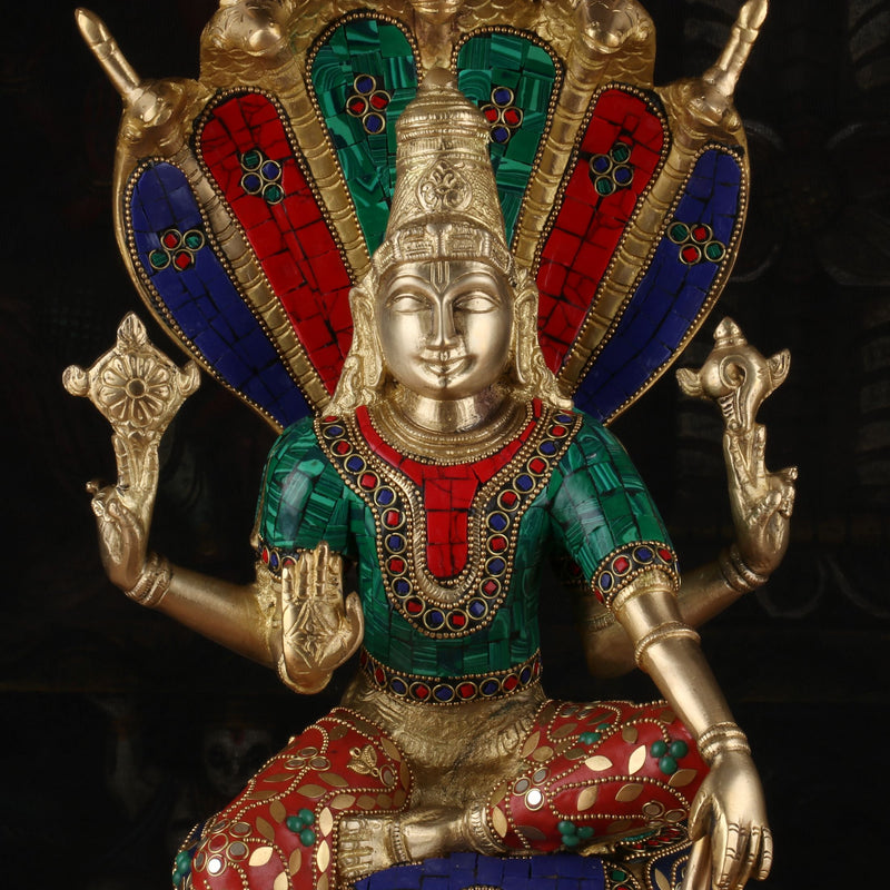 Brass Lord Vishnu Statue Sitting Under Serpent Stone Work Idol Religious Decor 17"