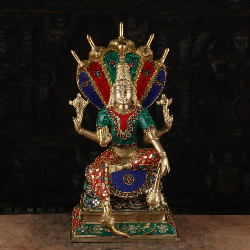 Brass Lord Vishnu Statue Sitting Under Serpent Stone Work Idol Religious Decor 17"