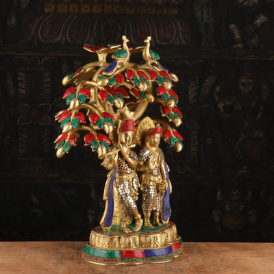Brass Lord Radha Krishna Under the Kadamba Tree Stone Work Idol Religious Decor 1.5 Feet