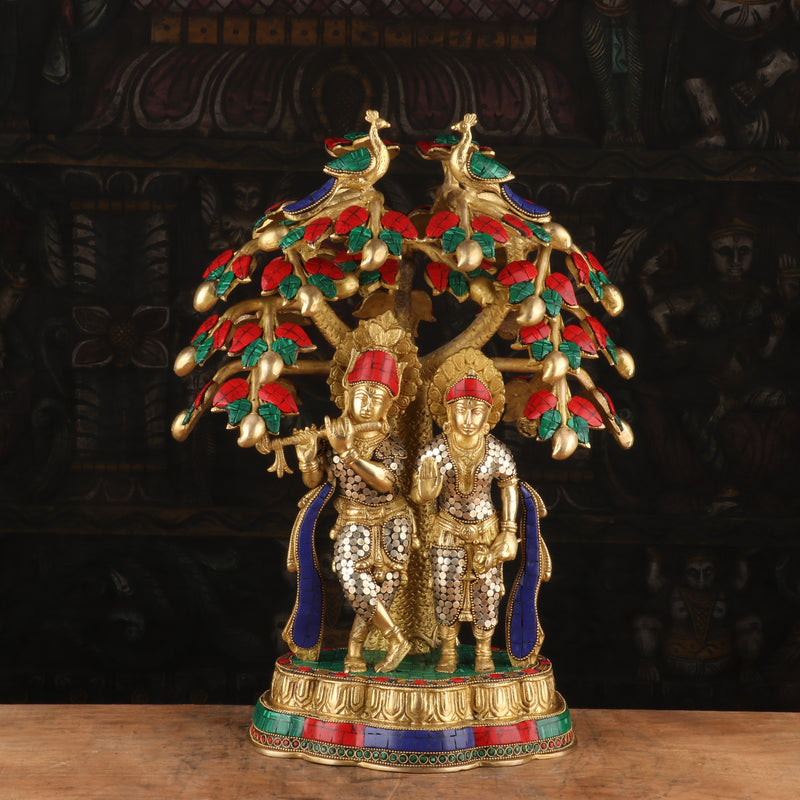 Brass Lord Radha Krishna Under the Kadamba Tree Stone Work Idol Religious Decor 1.5 Feet