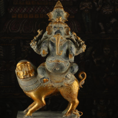 Brass Heramba Ganesha Idol Antique Finish For Home Decor 2 Feet