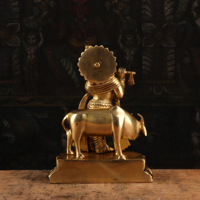 Brass Krishna With Cow Statue Idol Religious For Home Temple Decor Showpiece 9"