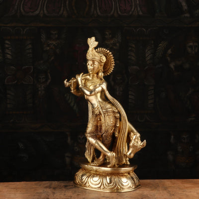 Brass Krishna With Cow Statue Idol Religious For Home Temple Decor Showpiece 14"