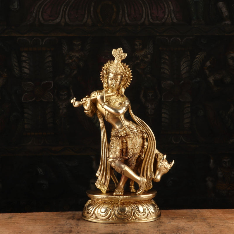 Brass Krishna With Cow Statue Idol Religious For Home Temple Decor Showpiece 14"