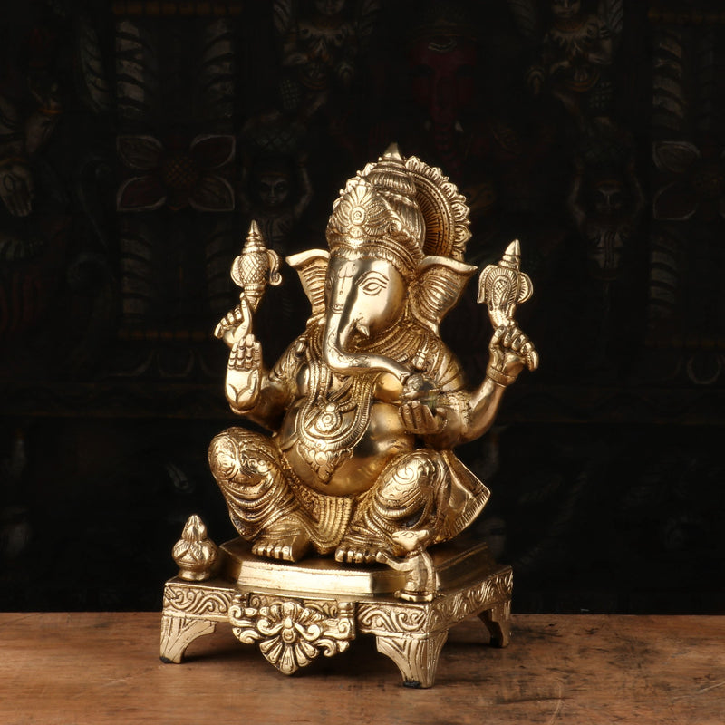 Brass Ganesha Statue Sitting On Base For Home Decor Showpiece 11"