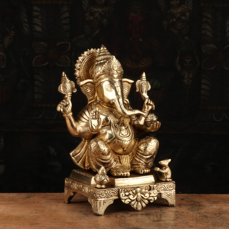 Brass Ganesha Statue Sitting On Base For Home Decor Showpiece 11"