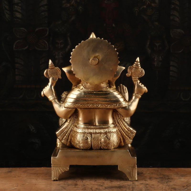 Brass Ganesha Statue Sitting On Base For Home Decor Showpiece 11"