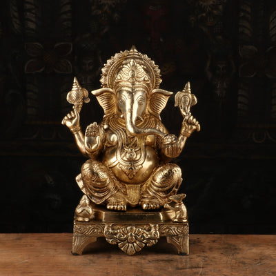 Brass Ganesha Statue Sitting On Base For Home Decor Showpiece 11"