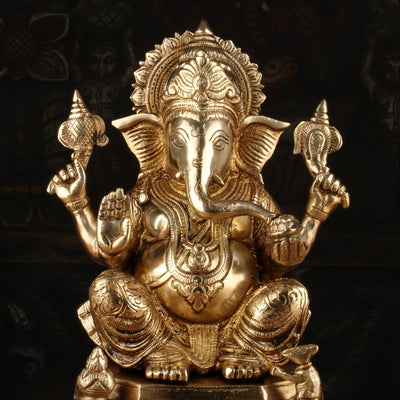 Brass Ganesha Statue Sitting On Base For Home Decor Showpiece 11"