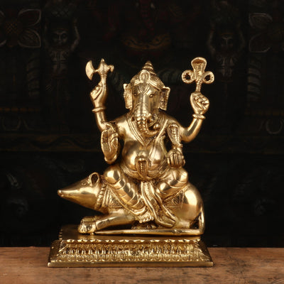 Brass Lord Ganesha Statue Sitting On Ret Religious For Home Decor 10" - 463005