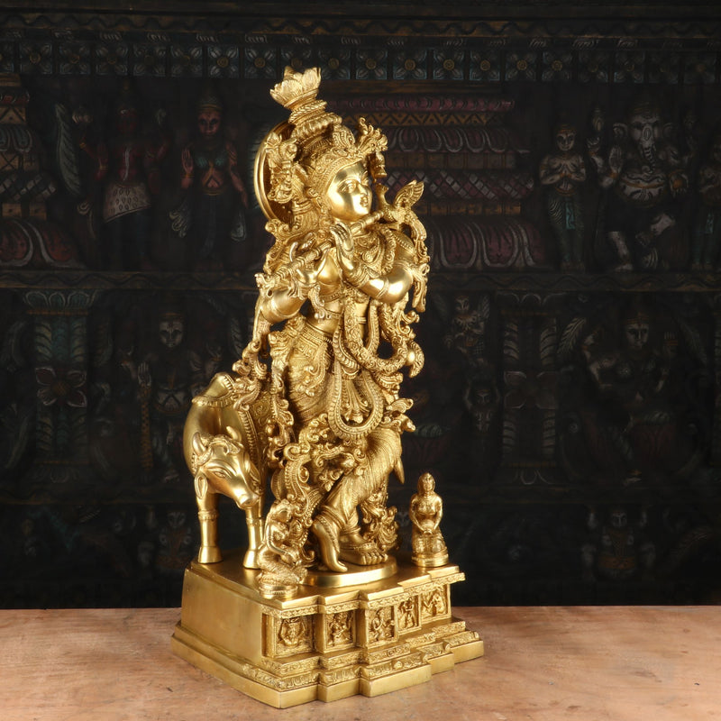 Brass Krishna Idol with Cow 27" by StatueStudio
