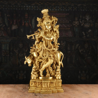 Brass Lord Krishna With Cow Idol Religious Decor Showpiece Statue 27" - SKU - 463016
