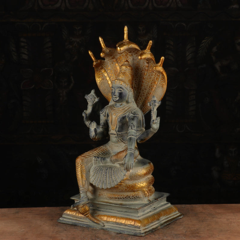 Brass Vishnu Statue Under Serpent Antique Finish Idol Religious Decor 17"