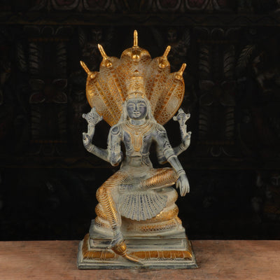 Brass Vishnu Statue Under Serpent Antique Finish Idol Religious Decor 17" - SKU - 463017