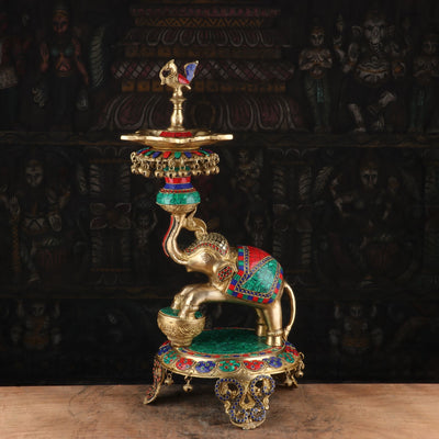 Brass Elephant Diya Stone Work For Home Temple Religious Decor Showpiece 1.5 Feet