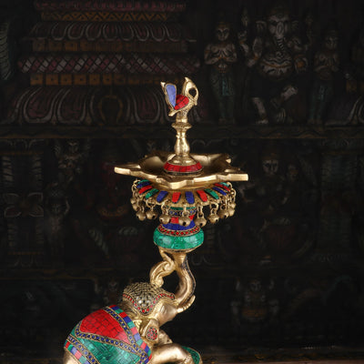 Brass Elephant Diya Stone Work For Home Temple Religious Decor Showpiece 1.5 Feet