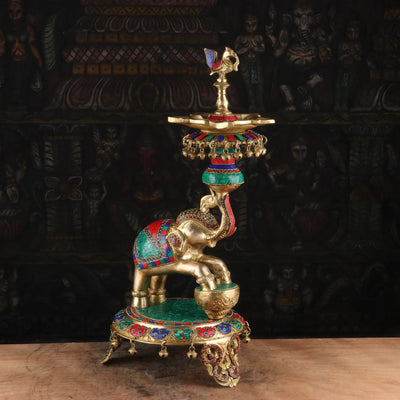 Brass Elephant Diya Stone Work For Home Temple Religious Decor Showpiece 1.5 Feet - SKU - 463019