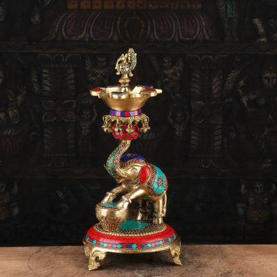 Brass Elephant Diya Stone Work For Home Temple Religious Decor 1.5 Feet