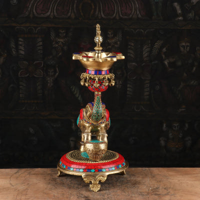 Brass Elephant Diya Stone Work For Home Temple Religious Decor 1.5 Feet