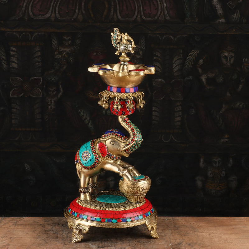 Brass Elephant Diya Stone Work For Home Temple Religious Decor 1.5 Feet