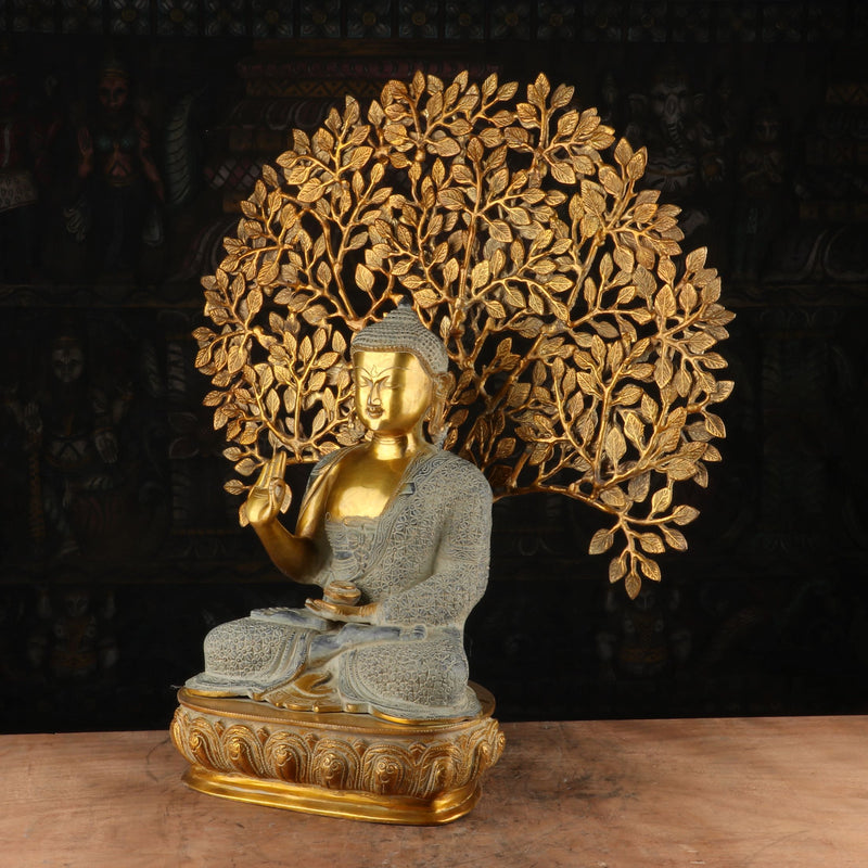 Brass Large Buddha Idol With Tree Antique Finished For Home Decor Showpiece 2 Feet