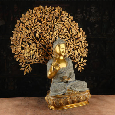 Brass Large Buddha Idol With Tree Antique Finished For Home Decor Showpiece 2 Feet