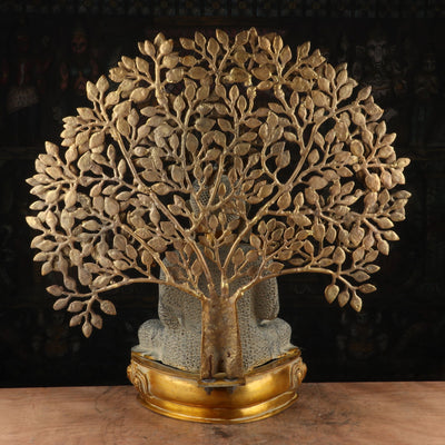 Brass Large Buddha Idol With Tree Antique Finished For Home Decor Showpiece 2 Feet