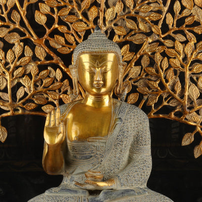 Brass Large Buddha Idol With Tree Antique Finished For Home Decor Showpiece 2 Feet