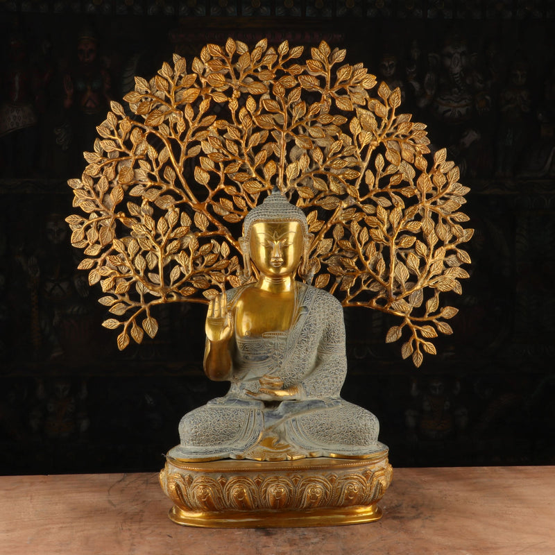 Brass Large Buddha Idol With Tree Antique Finished For Home Decor Showpiece 2 Feet