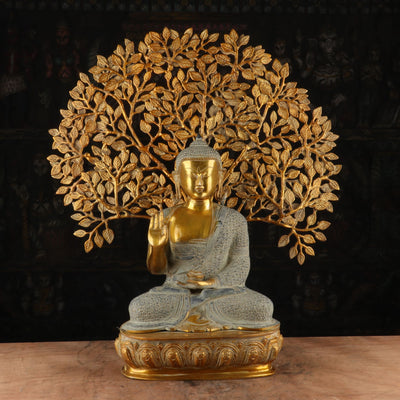 Brass Large Buddha Idol With Tree Antique Finished For Home Decor Showpiece 2 Feet - 463021