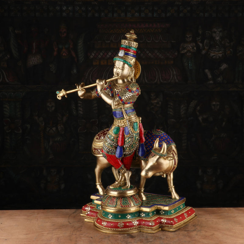 Brass Krishna Statue with Cow 2 Feet by StatueStudio