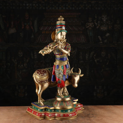 Brass Krishna Statue with Cow 2 Feet by StatueStudio