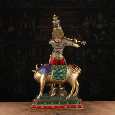 Brass Krishna Statue with Cow 2 Feet by StatueStudio