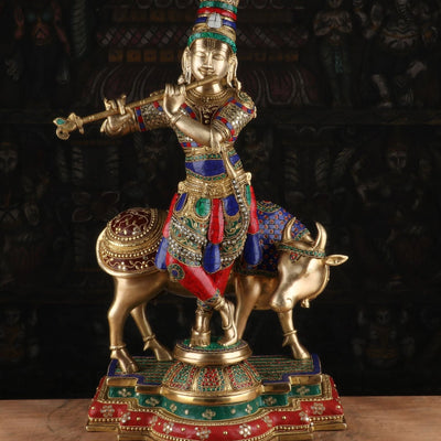 Brass Krishna Statue with Cow 2 Feet by StatueStudio