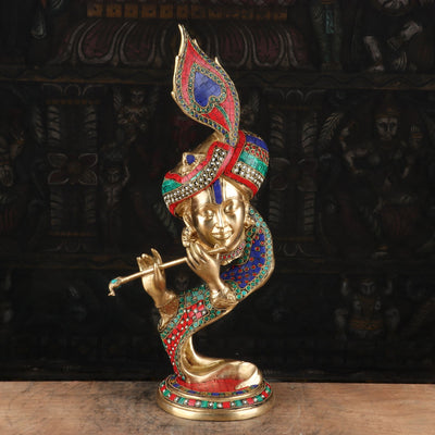 Pure Brass Krishna Head Statue Modern Design Stone Work For Home Decor 20" - 463023