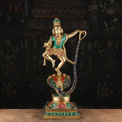 Brass Dancing Krishna On Kaliya Naag Statue Stone Work Idol 20" - SKU - 463025