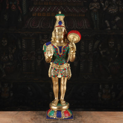 Brass Standing Hanuman Statue Stone Work Idol Home Religious Decor 21" - SKU - 463026