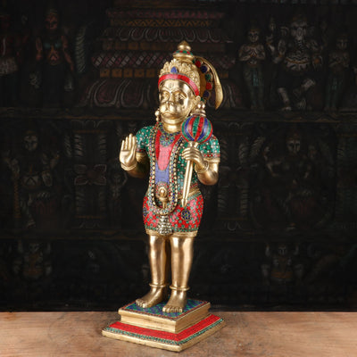 Brass Standing Hanuman Statue Stone Work Idol Religious Home Decor 23"