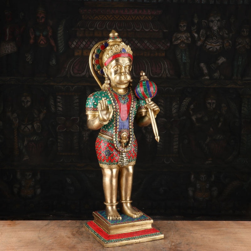 Brass Standing Hanuman Statue Stone Work Idol Religious Home Decor 23"