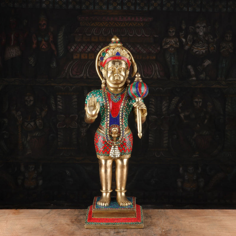 Brass Standing Hanuman Statue Stone Work Idol Religious Home Decor 23"