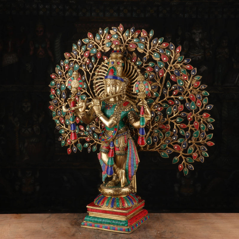 Brass Krishna Statue with Kalpavriksha Tree 28" by StatueStudio