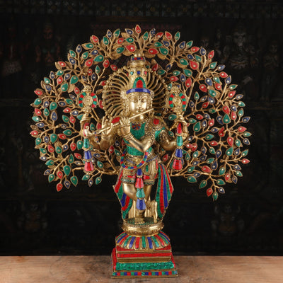 Divine Brass Krishna Statue With Kalpavriksha Tree Statue Stone Work Idol 28" - SKU - 463029