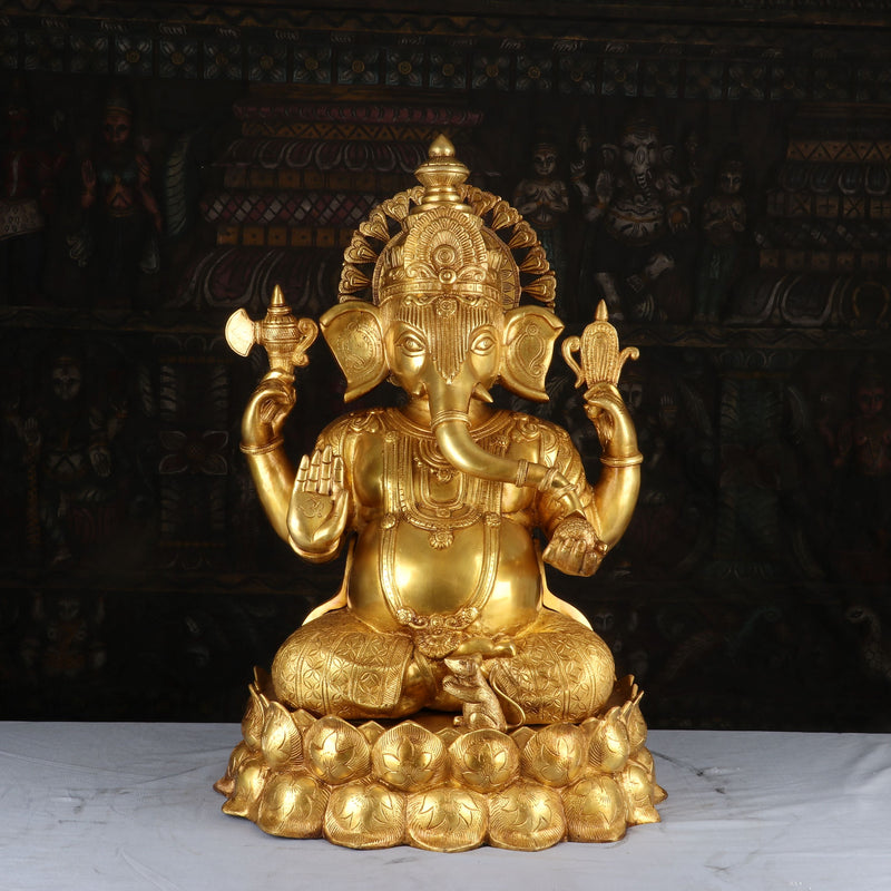 Brass Lord Ganesha Statue On Lotus Base For Home Decor 1 Feet - 463031