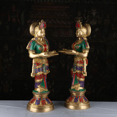 Brass Deeplakshmi Pair Statue Stone Work For Pooja Room Home Decor Showpiece 2 Feet