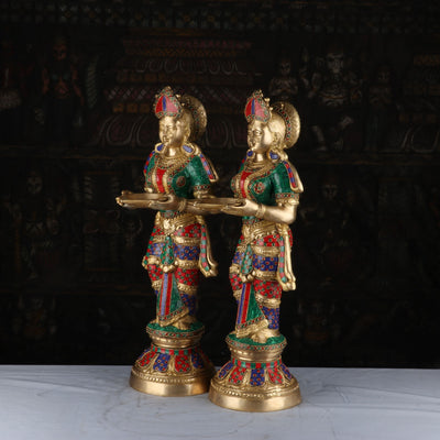 Brass Deeplakshmi Pair Statue Stone Work For Pooja Room Home Decor Showpiece 2 Feet